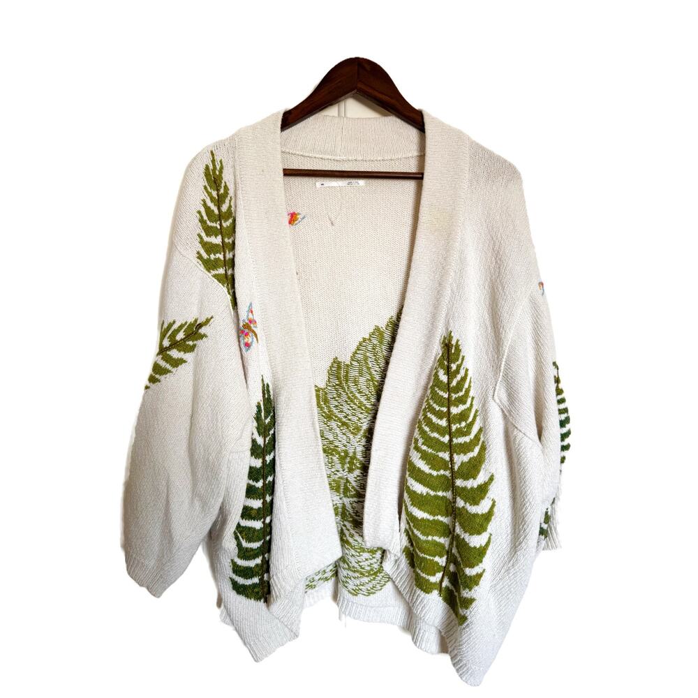 Anthropologie Dragon Fly Fern Slouchy Cotton Blend Kimono Cardigan Cream M/L - Picture 3 of 12
